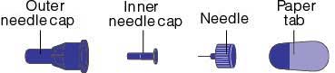 The outer needle cap, inner needle cap, needle, and paper tab of a Saxenda® pen